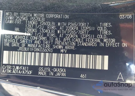 2008 Toyota Fj Cruiser z USA, uszkodzony, nr VIN JTEBU11F08K036093